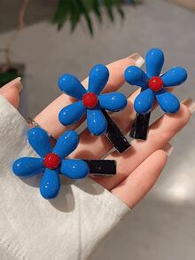 3 piezas de clips para el cabello con flores de estilo coreano en contraste de color rojo y azul, clips para el flequillo lateral para mujeres, clips de caimán de temperamento dulce para el cabello rebelde de la frente - Azul - Ver 5