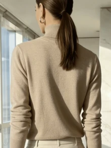 WOMEN'S LONG SLEEVE KNITTING BLOUSE WINTER BASIC HIGH NECK SWEATSHIRT - 杏色 - 查看 2