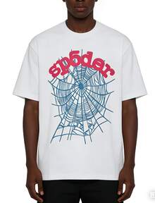 Sp5der Worldwide Web Tee Pink Green Spider Web Print T-Shirt Streetwear Hip Hop Oversized Top - trắng - Xem 1