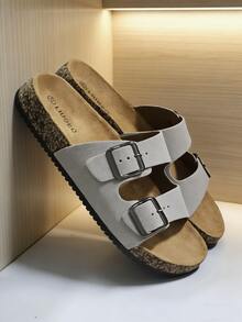 Sandal Musim Panas Modis dengan Gesper Ganda dan Sol Gabus Lembut, Sandal Selop Serbaguna dan Nyaman, Cocok untuk Pria dan Wanita untuk Pemakaian Sehari-hari dan Liburan di Pantai - Krem - View 5