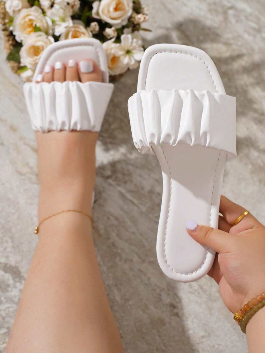 planare Women's Fashion Casual Vacation Pleated PU Open Toe Slip-On Comfortable White Sandals, Wide Fit - White - View 1