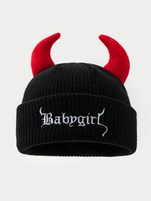 Women's Fashion Solid Color "BABYGIRL" Letter Embroidered Knit Hat With Horn Decoration, Suitable For Halloween Costume And Outings - A - View 3