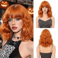 14 Inch Ginger Orange Loose Wave Hair Wigs With Bangs Synthetic Fiber Hair Wigs For Women Girls Elegant Party Cosplay Daily Wigs Music Festival - Coral Orange - View 2