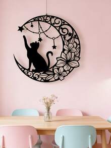 一件家居装饰品铁月亮黑猫金属剪影壁挂工艺品装饰吊坠、万圣节、幽灵、秋季、假日、节日、家居装饰、房间装饰、墙壁装饰 - 黑色 - 查看 7