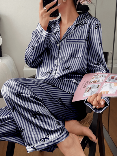 Dreamivo 2件套 女士藏蓝色条纹长袖睡衣套装