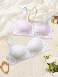 2pcs Women's Cute Plaid Print Wireless Padded Bra, Sweet Lace Trim Wireless Bra Suitable For Small Bust Daily Wear - Multicolor - View 3