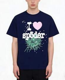 Sp5der "I Love Sp5der" Pink Heart Mint Spider Web Graphic Tee Navy Blue Unisex Streetwear T-Shirt - 藏蓝色 - 查看 7