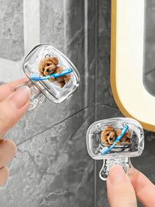 Cute Teddy Bear Holding Blue Toothbrush Pattern Portable Toothbrush Cap, Storage Box, Toothbrush Protective Case, Essential Bathroom Accessory For Home, Business Travel, Daily Use And Outdoor Travel, Compact Storage Solution, Decorative Toothbrush Cover - Multicolor - View 3