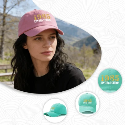 1件女士水洗棒球帽，“1985 LIMITED EDITION”印花，撞色字母，可调节搭扣后扣，轻便，休闲装扮的完美之选，复古爱好者的时尚礼物。