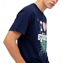 Sp5der "I Love Sp5der" Pink Heart Mint Spider Web Graphic Tee Navy Blue Unisex Streetwear T-Shirt - 藏蓝色 - 查看 3