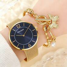 女士极简腕表套装 - 金色米兰尼斯表带蓝色表盘石英表 + 蝴蝶扣手链，奢华时尚优雅礼品 - 金色 - 查看 9