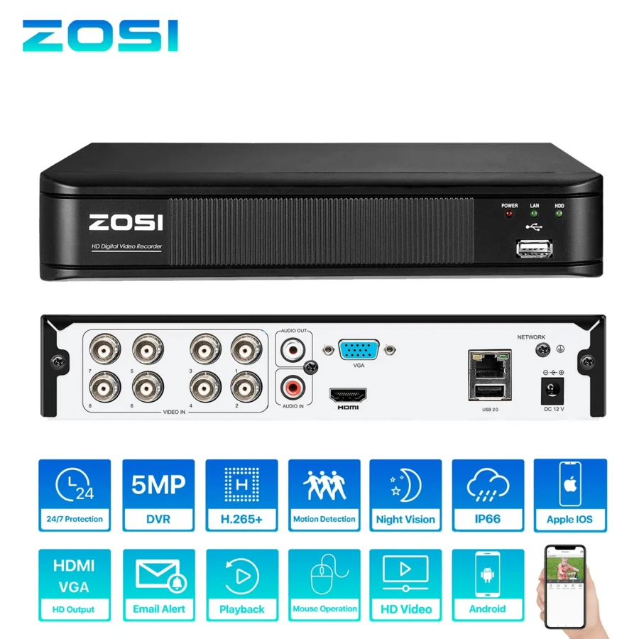 ZOSI H.265+ 5MP 3K Lite 8 Channel Hybrid 4-In-1 DVR Surveillance Recorder, Support Analog/AHD/TVI/CVI 720P/1080P Security Camera, AI Human Vehicle Detection, Remote Access, No HDD - Black - View 1