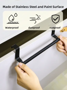 1pc Black Stainless Steel Towel Rack, No Drilling Required Hanging On Cabinet Door, Fits 0.74 Inch Thick Door, Space-Saving Dishcloth Hanger, Kitchen Accessory, Home Decor, Bathroom Storage Rack, Back To School Essential - Black - View 10
