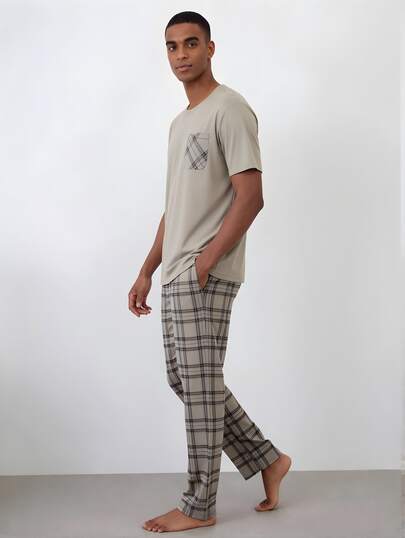 Snug League 2 piezas Conjunto de pijama ligero de manga corta para hombres - Parte superior de manga corta y pantalones, Conjunto de ropa de estar en casa suave con estampado a cuadros para hombres
