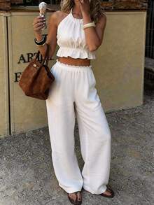 Conjunto de dos piezas elegante para mujer de PoPoHouse - Top corto con cuello halter y volantes en la espalda, y pantalones anchos de pierna ancha - Casual, diario, verano, vacaciones, playa, cita, fiesta, salida - Conjunto blanco - Blanco - Ver 4