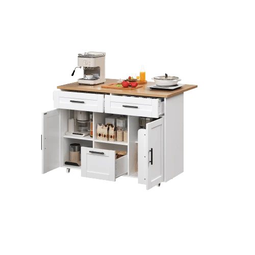 Carrito de cocina de estilo nórdico moderno con ruedas universales de 360°, estante de almacenamiento con cajones y toallero, bandeja plegable y cierre silencioso con resorte, diseño de almacenamiento flexible. - Blanco - Ver 1