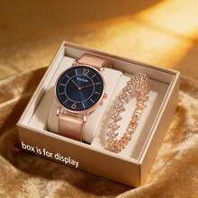 女士极简腕表套装 - 玫瑰金 PU 表带石英表 + 心形手链，奢华礼品套装 - 玫瑰金 - 查看 9