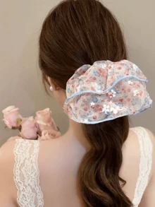 1 Piece Korean Style Fluffy Mesh Fresh Oversized Floral Hair Scrunchie For Women, New High-End Hair Accessory, Summer, Holiday, Travel - Color - View 1