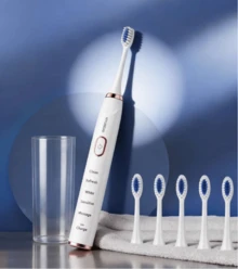 HYUNDAI Cepillo de dientes eléctrico con pantalla de alta definición: ¡6 cabezales incluidos! Batería de larga duración, vibración sónica, paquete familiar para adultos, recargable, con cerdas suaves (unisex). - Blanco - Ver 3