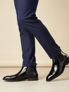 QRLQRL 1 đôi bốt Chelsea nam mũi tròn, cổ trung, buộc dây, chất liệu da PU, đế cao su, gót phẳng, kiểu dáng công sở thường ngày. - màu đen - Xem 3