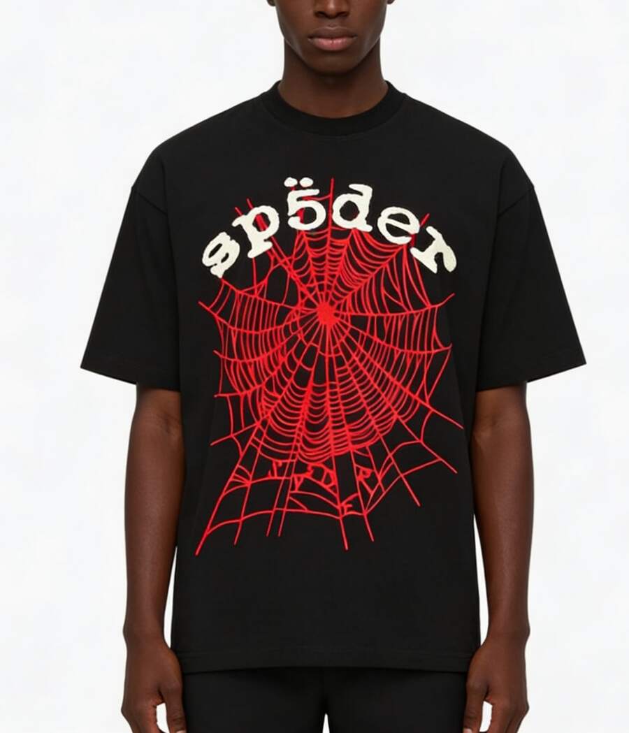 Sp5der Spider Letter Graphic T-Shirt , Hip Hop Streetwear Oversized Tee ,Casual Cotton Shirt - 黑色 - 查看 1