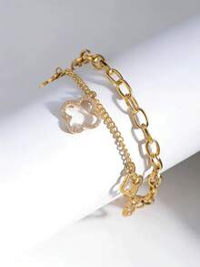 1件优雅经典镂空全镶钻四叶草钛钢手链，轻盈奢华时尚双层百搭幸运四叶草 - 金黃色 - 查看 5