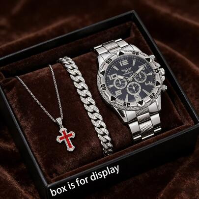 Bộ đồng hồ nam: Đồng hồ bấm giờ mặt lớn + Dây chuyền mặt chữ thập đỏ + Vòng tay kiểu cổ điển, Bộ phụ kiện dành cho nam giới