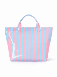 1个女士条纹透明手提包，大容量亮面PVC单肩包，轻便防水沙滩包，夏季旅行购物通勤手提包，休闲时尚手提包，适合日常通勤和旅行 - 彩色 - 查看 11