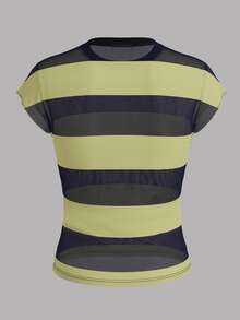 女士夏季时尚简约黄蓝条纹透视网纱修身连体T恤 - 黑黃色條紋 - 查看 3