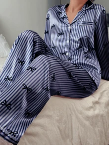 2pcs/Set Women Navy Blue Striped Long Sleeve Pajama Set - Royal Blue - View 5