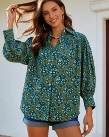 Teal Geometric Floral Print Button-Down Shirt, Women's Casual Long-Sleeve Puff-Sleeve Stand-Collar Shirt-Lightweight, Breathable, And Versatile; Elegant Bohemian-Style Ruffled Collar Women's Top; Women's T-Shirt - 青綠色 - 查看 2