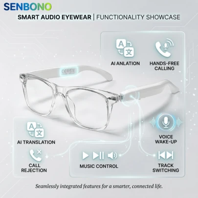 SENBONO 2026年森邦新款智能眼镜，支持无线接听/拒接电话、音乐控制、音量控制、语音激活、遥控拍照、AI翻译、内置麦克风，男女皆宜，是理想的生日礼物。
