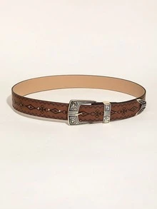 Bộ 3 chiếc thắt lưng da PU kiểu phương Tây cổ điển họa tiết hoa, tối giản và đa năng. - Cà phê - Xem 5