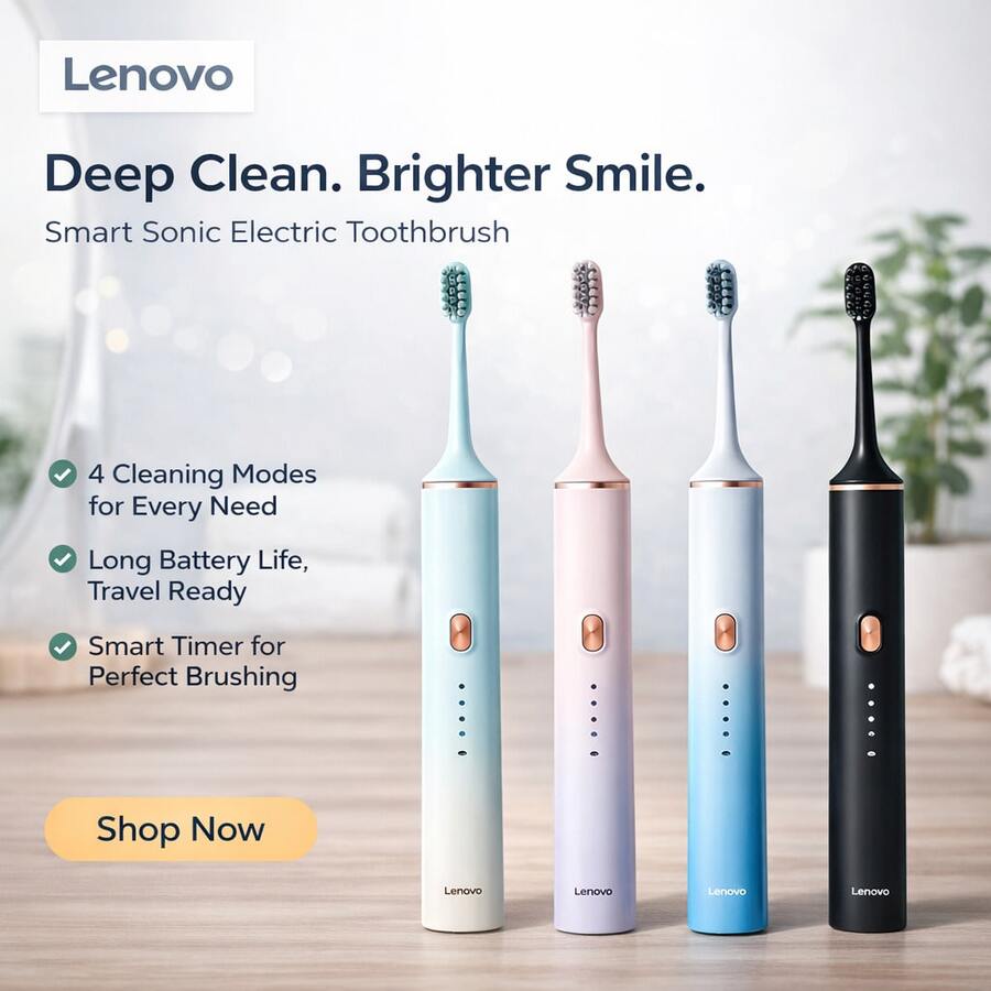 Lenovo Cepillo de dientes eléctrico impermeable IPX7, 4 modos de limpieza, control de presión inteligente, recordatorio de cambio de área cada 30 segundos, temporizador inteligente, batería de larga duración - Multicolor - Ver 1