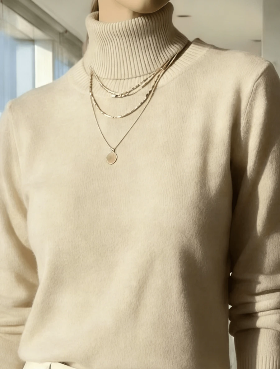 WOMEN'S LONG SLEEVE KNITTING BLOUSE WINTER BASIC HIGH NECK SWEATSHIRT - 米色 - 查看 1