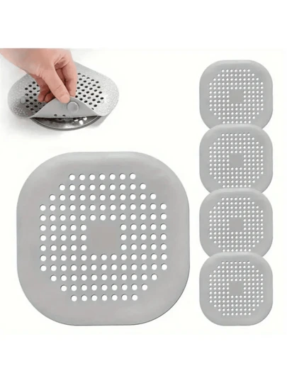 5/3/2/1pc Square Shower Drain Filter, Silicone Hair Catcher With Suction Cup, Anti-Clogging Drain Cover, Sink Strainer, Bathtub Shower Drain Stopper, Kitchen & Bathroom Deodorizer, Drain Outlet Filter Sticker, Easy Clean Bathroom & Kitchen Accessories, Solve Oil + Residue + Odor Issues, Suitable For All Seasons, Travel Essential, Convenient Pipe Cleaning, Must-Have For Kitchen & Bathroom