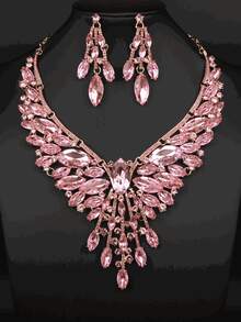 3-Piece/Set Of Fashionable And Luxurious European And American Style Exaggerated Crystal Gemstone Necklace And Earring Set, Perfect For Banquets, Wedding Dresses, And Other Women's Accessories, Showcasing A Noble Status And  Fashion Items. - 淺粉色 - 查看 3