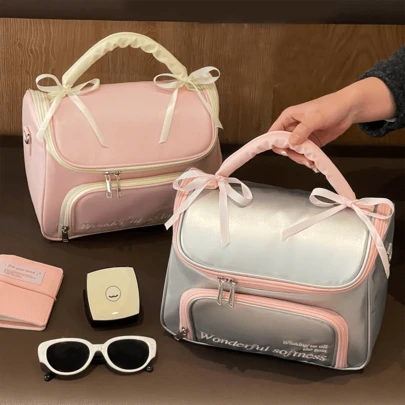 Túi đựng mỹ phẩm nhỏ xinh trang trí nơ tối giản, dung tích lớn, túi đựng đồ trang điểm du lịch xách tay, chống nước, thích hợp sử dụng ngoài trời.