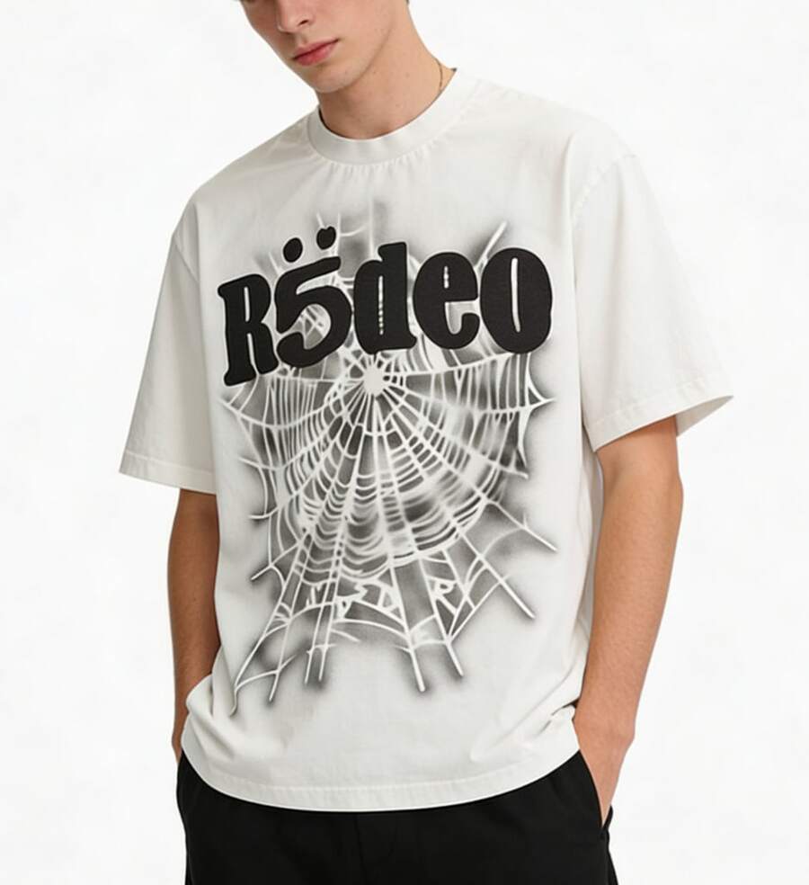 Sp5der Worldwide Web Tee Pink Green Spider Web Print T-Shirt Streetwear Hip Hop Oversized Top - trắng - Xem 1
