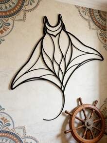 13.88x15.75 英寸大型极简海洋设计蝠鲼金属墙饰，现代工业/海岸/当代家居或办公室装饰 - 乔迁礼物 - 易于悬挂 - 客厅艺术品，时尚金属饰面 - 黑色C - 查看 2