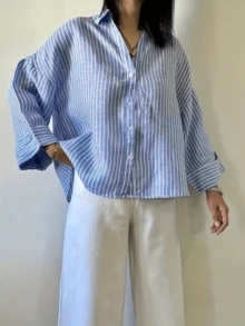 Áo sơ mi nữ dáng casual kẻ sọc xanh dương, áo sơ mi kẻ sọc xanh trắng, cổ áo sơ mi cổ điển, vai rớt, tay áo dài đến cổ tay. - Xanh và trắng - Xem 6
