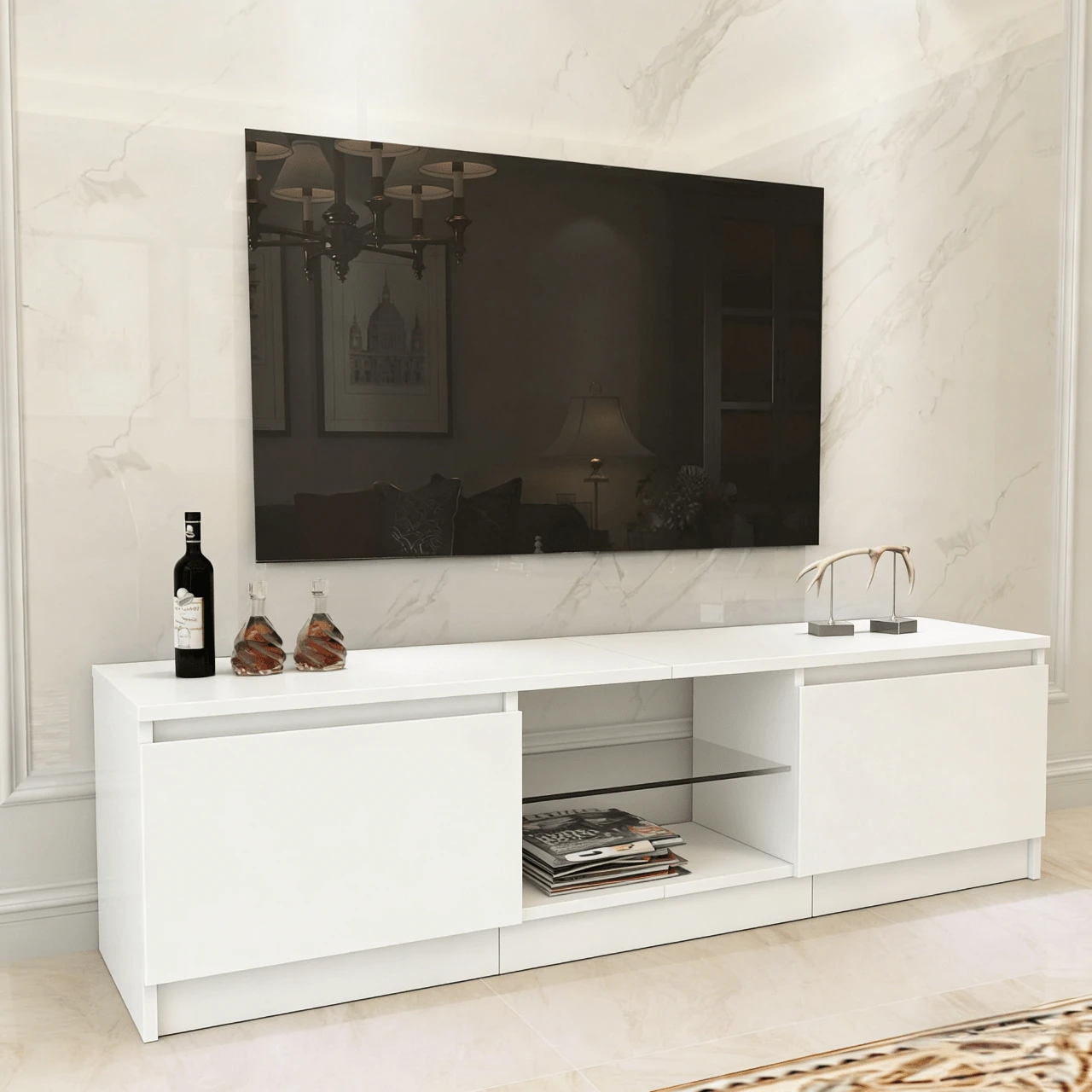 Mueble de TV moderno de color negro, 120x30x36 cm, con estantes de cristal y espacio de almacenamiento, soporte minimalista para televisores de hasta 55 pulgadas, ideal para salón y dormitorio. - Negro - Ver 1