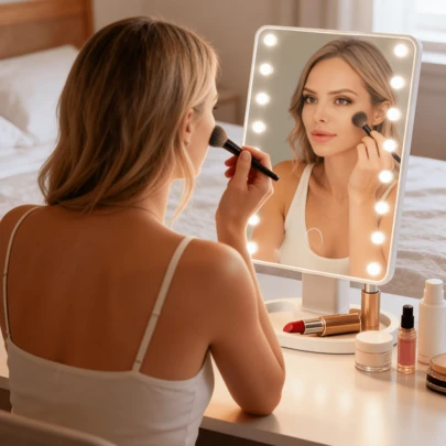 Espejo de maquillaje con 16 luces LED inteligentes: ángulo ajustable de 180°, superficie de alta definición. Ideal para la decoración del hogar en otoño, el maquillaje, el tocador, los accesorios de belleza y como espejo de maquillaje; también es un regalo perfecto para San Valentín y el Día de la Madre. Buena relación calidad-precio, regalo para sorteos, ideal para viajes, producto asequible y imprescindible para viajar.
