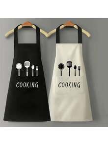 一件防水黑色烹饪围裙，适合厨师、烹饪爱好者和家庭厨师，男女通用设计 - 黑色 - 查看 11