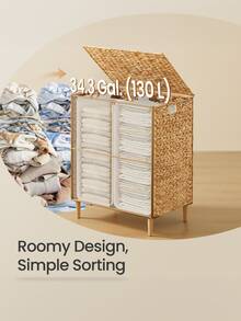 34.3 Gal. Laundry Hamper, 2-Section Handwoven Water Hyacinth Wicker Laundry Basket With Lid, Removable Liners, Natural - Yellow - View 6
