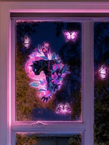 1张夜光紫色花卉小猫窗贴，双面透明静电贴，适用于玻璃，可移除哑光墙贴，适用于客厅、卧室、儿童房、家居装饰、春季装饰、Rama装饰礼品、生日/毕业礼物 - 夜光貼 - 查看 1