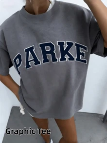 2026 Unisex Casual "PARKE" Letter Print Loose Pullover Sweatshirt, Encountering Lazy Fashion.Casual Daily Wear,Winter Clothes For Women,Clothes,Hoodie,Tops,Spring Break,Long Sleeve Tops Women - 深灰色 - 查看 5