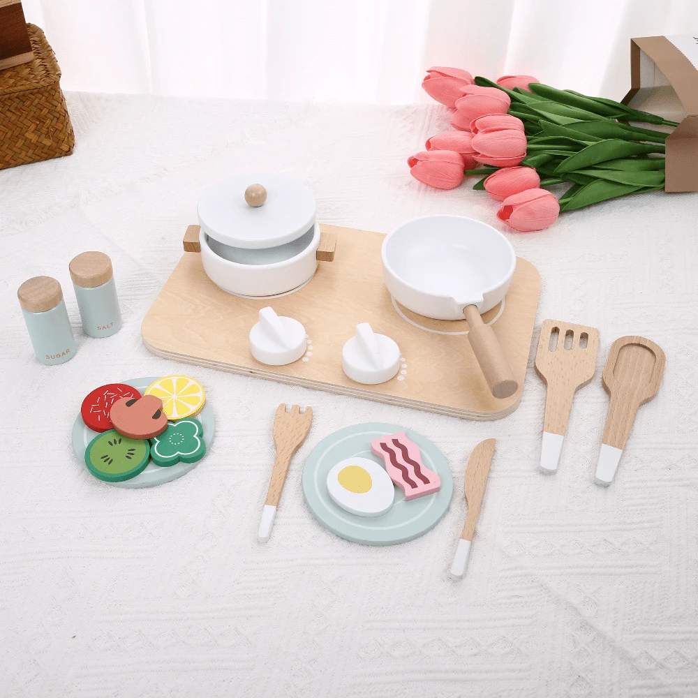 儿童木制过家家厨房玩具套装，包括炉灶、炊具、食物食材，适合女孩角色扮演和亲子互动 - 彩色 - 查看 1