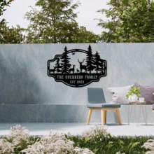 1pc Personalized Metal Family Name Sign, Rustic Deer & Forest Wall Art, Custom Cabin Name Decor, Outdoor Cabin Sign, Hunting Gift, Father's Day Gift - Black - View 7