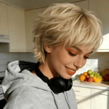 Short Pixie Cut Human Hair Wig Honey Blonde With Bangs Layered Straight Style 180% Density Brazilian Remy, Real Human Hair, 5inch Layered Straight Bob Wigs, Shaggy Short Straight Layered Wig, Breathable Cap Wig, Easter, Mother's Day Decorations, Music Festival/ Wedding Season, Easter & Mother's Day - Blonde - 查看 3